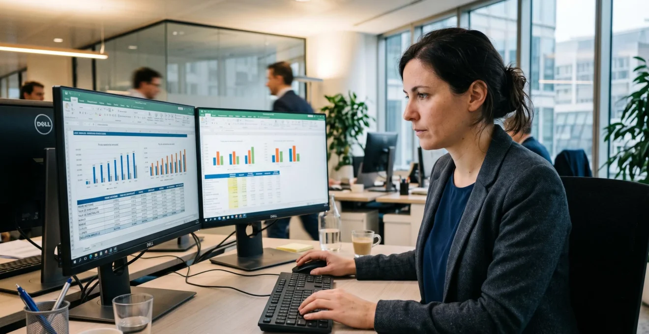 Professionnel analysant des données comparatives d'assurance sur double écran dans un bureau moderne