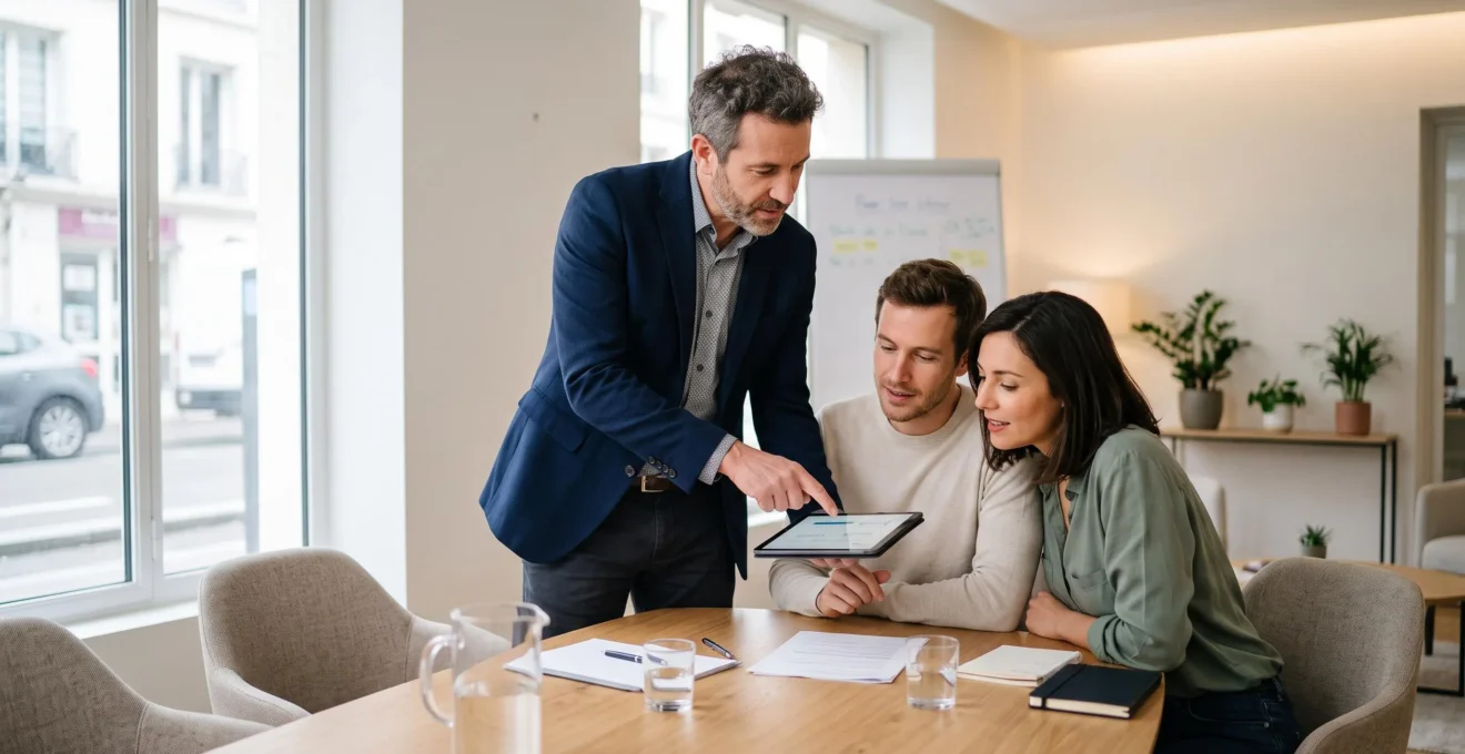 Conseiller financier présentant des options d'assurance emprunteur à un couple lors d'une consultation