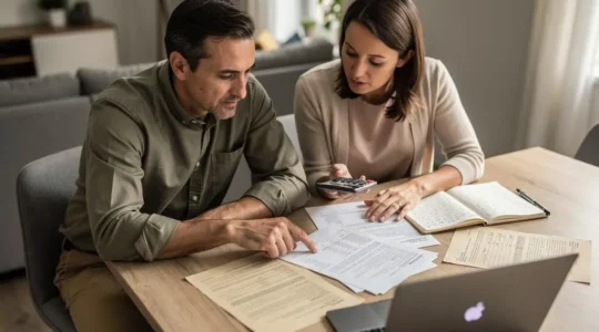 Un couple examine des documents de crédit immobilier et utilise une calculatrice sur leur table de salle à manger pour analyser les options de remboursement anticipé