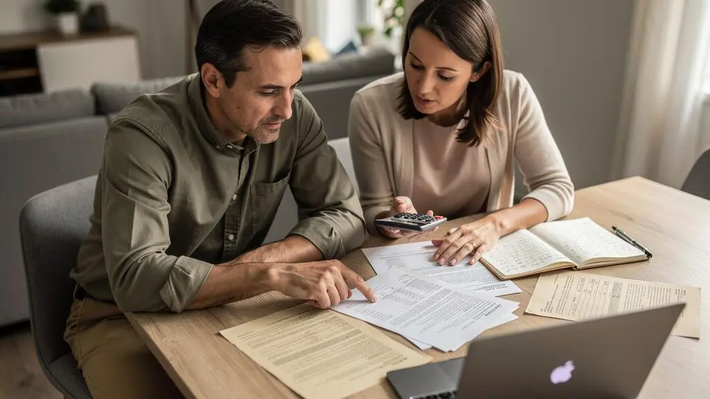 Un couple examine des documents de crédit immobilier et utilise une calculatrice sur leur table de salle à manger pour analyser les options de remboursement anticipé