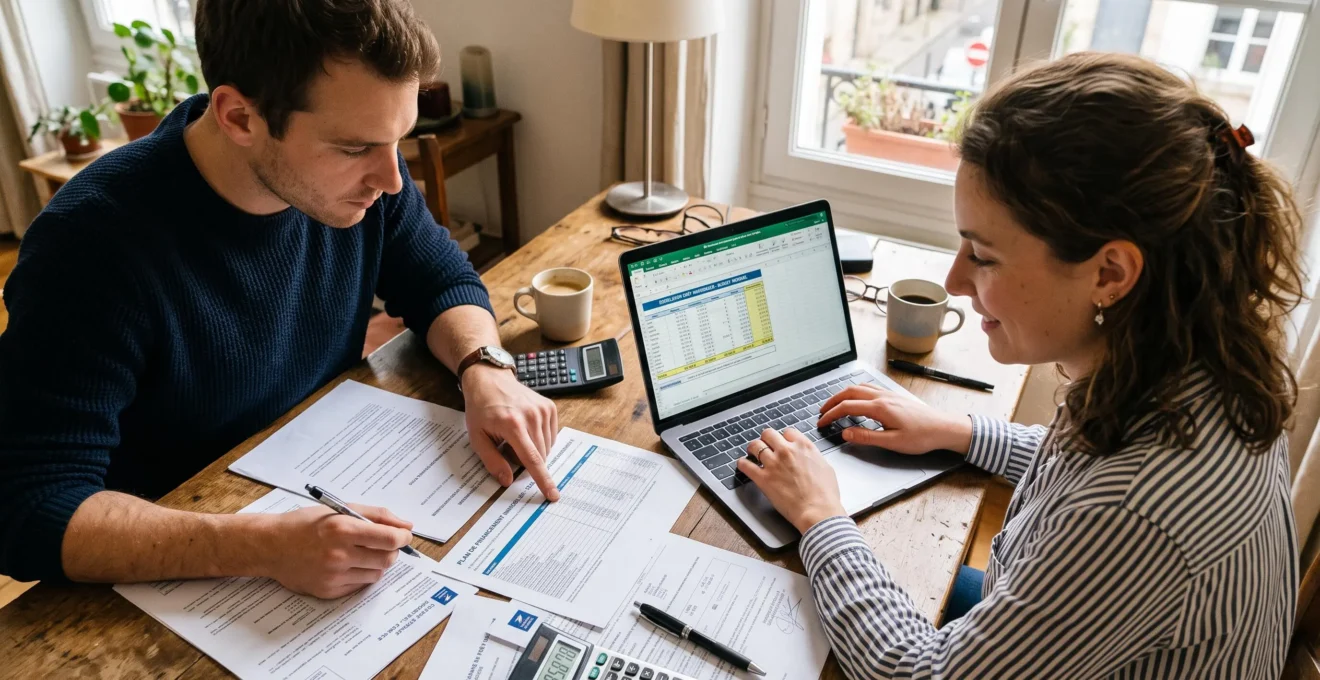 Un couple prépare son dossier de financement à domicile, l'un travaillant sur ordinateur portable, l'autre consultant des documents bancaires étalés sur la table.