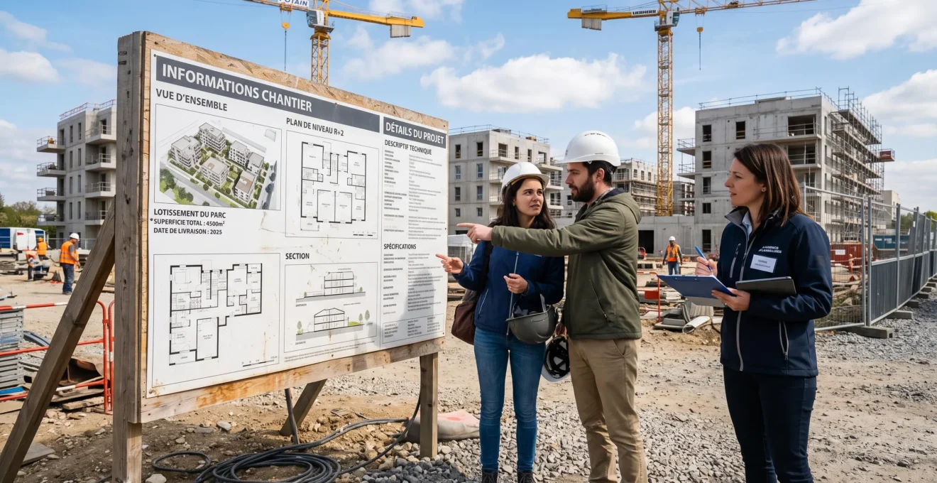 Un jeune couple examine un panneau d'information d'un programme immobilier neuf en construction, accompagné d'un commercial sur site extérieur.