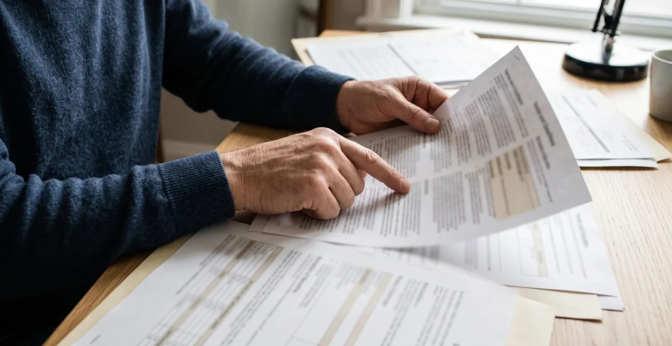 Mains d'une personne examinant attentivement des documents d'assurance emprunteur posés sur une table.
