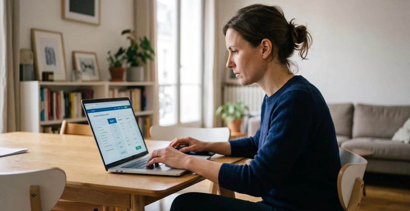 Une personne utilise un ordinateur portable pour comparer des offres d'assurance emprunteur en ligne depuis son domicile.