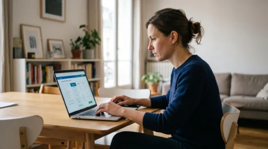 Une personne utilise un ordinateur portable pour comparer des offres d'assurance emprunteur en ligne depuis son domicile.