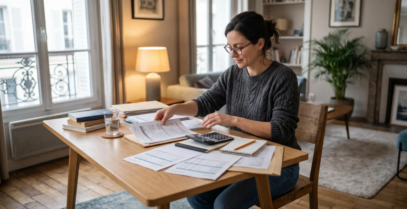 Une personne organise ses documents et informations nécessaires pour effectuer une simulation d'assurance emprunteur sur son bureau.