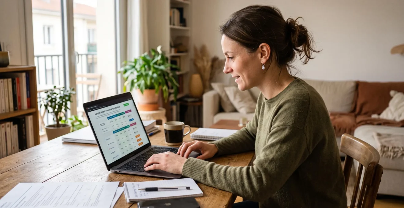 Personne utilisant un comparateur d'assurance emprunteur sur ordinateur portable à domicile