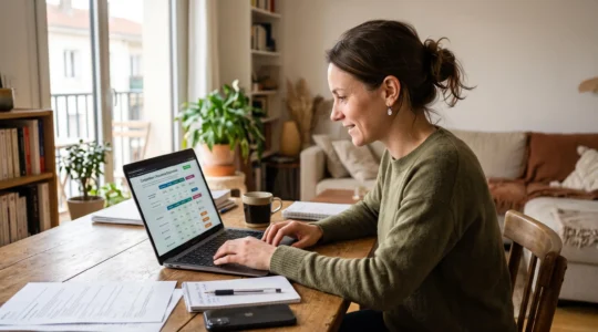 Personne utilisant un comparateur d'assurance emprunteur sur ordinateur portable à domicile