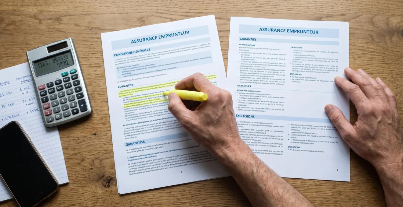 Mains vérifiant et comparant des documents de contrats d'assurance emprunteur avec surligneur