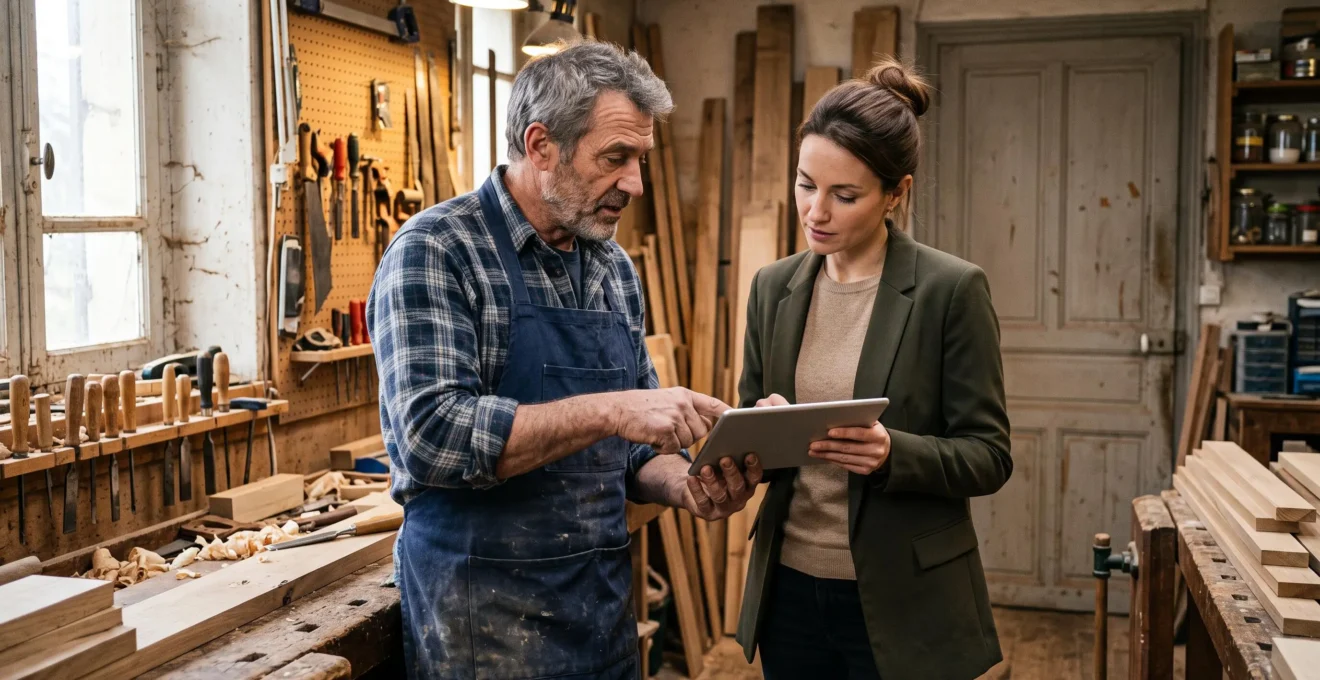 Un artisan menuisier discute avec une conseillère autour d'une tablette dans son atelier de menuiserie.
