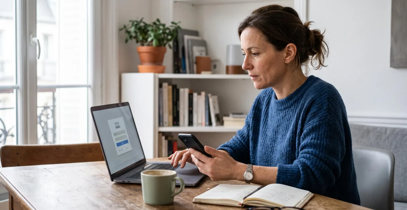 Une femme consulte son compte d'épargne retraite en ligne sur un ordinateur portable à la table de son appartement.
